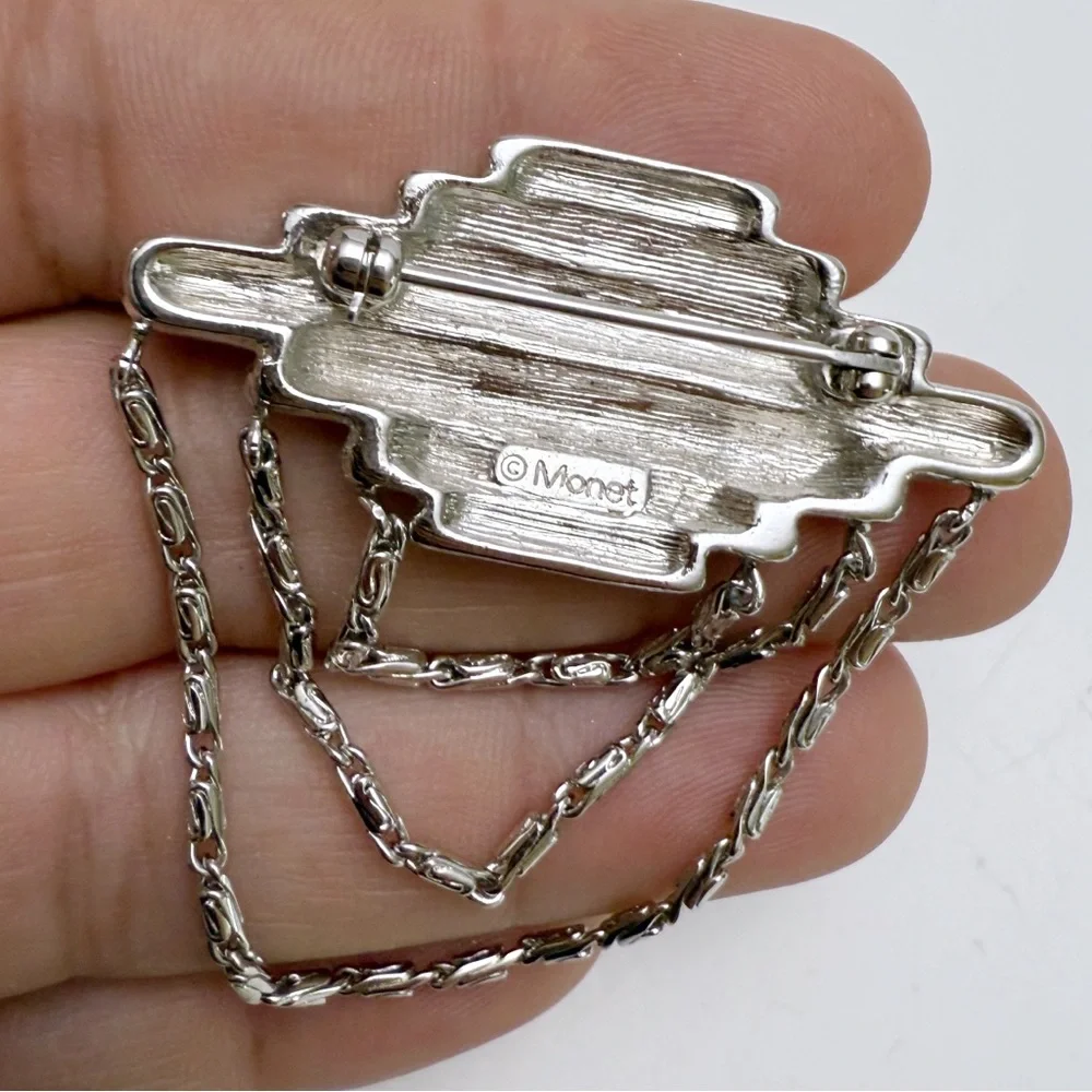 Vintage Monet Clear Rhinestone Art Deco Revival Bar Chain Swag Brooch